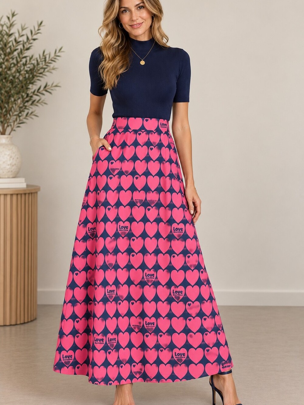 Love Moschino Pink Navy Heart Print A-Line Maxi Skirt NWT US 4 A348